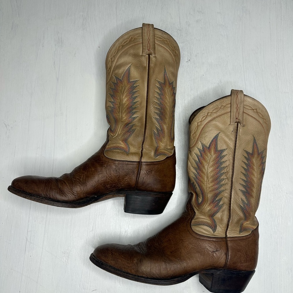 Tony Lama Boots Men's 9 D Brown Leather Rainbow Stitching Aztec Western 6186 Vtg - Picture 3 of 11